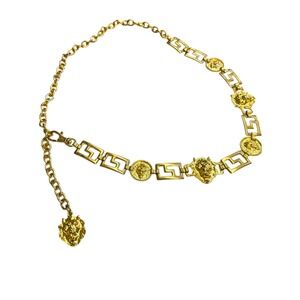Vintage Women's Belt Gold Tone Lion Head Greek Key Chain Adjustable Waist 80s